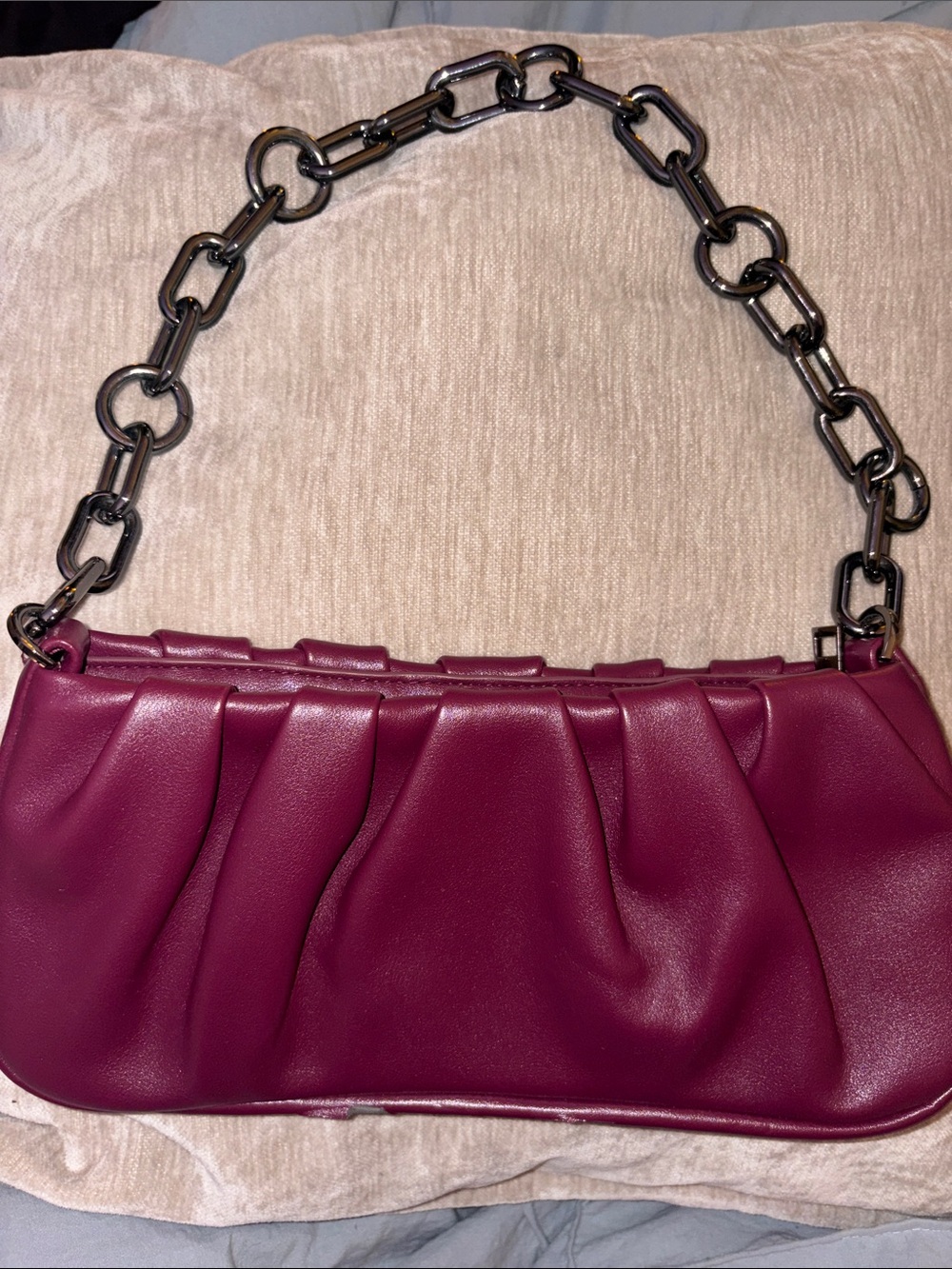 Target Pleated Shoulder Bag in Berry with Gunmetal Chain